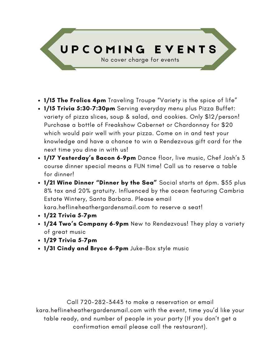 Rendezvous Restaurant upcoming events January 14 week