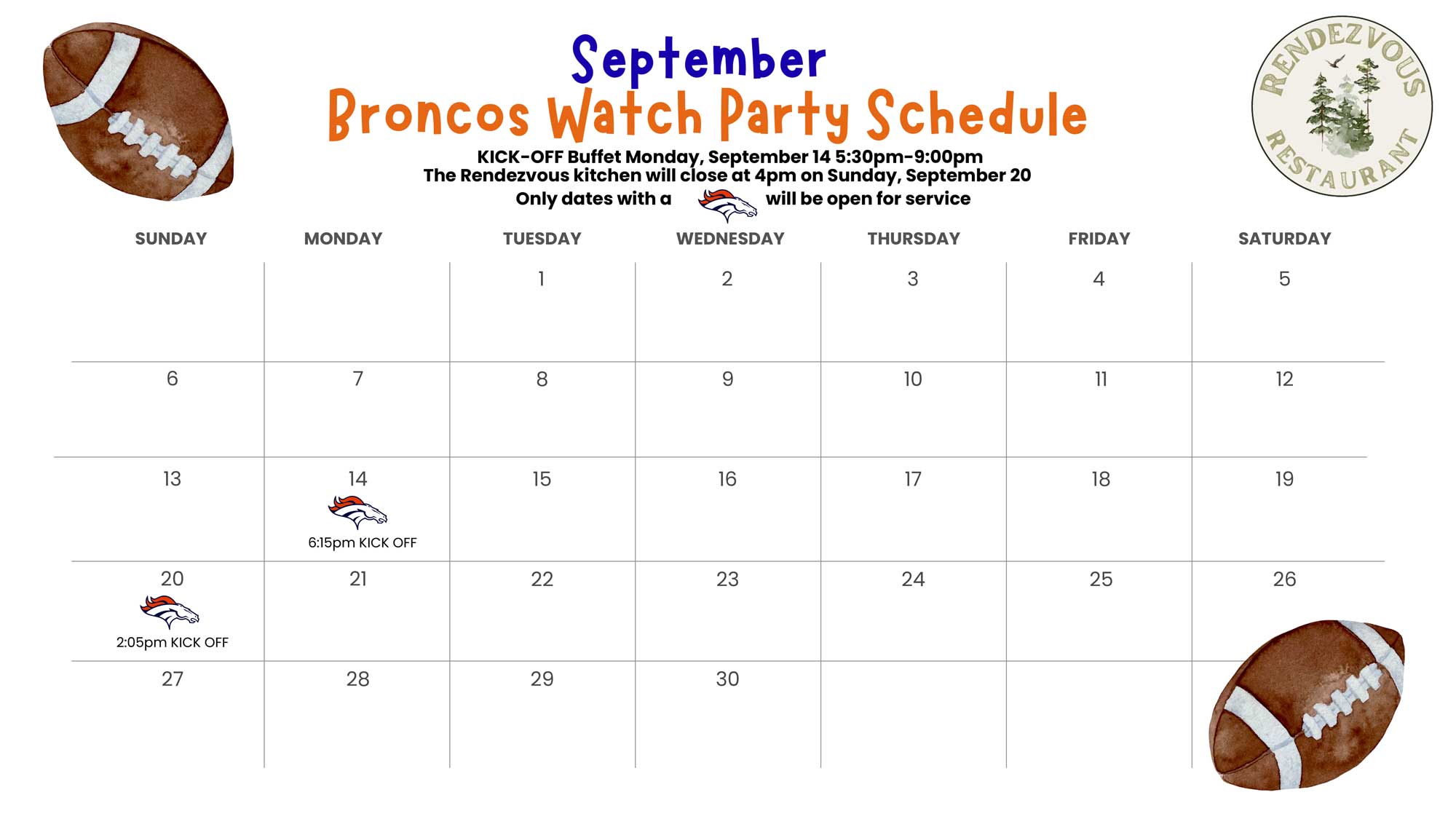 Broncos Watch Party calendar: footballs, logo, game days, and Rendezvous Restaurant menu.