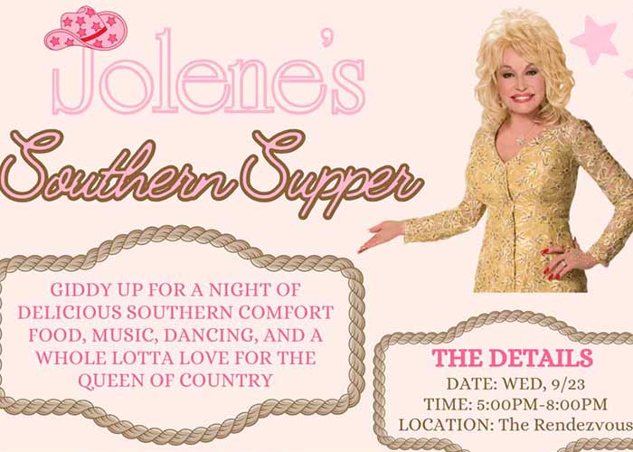 Blonde woman in a sparkly dress promotes Jolenes Southern Supper and Rendezvous Restaurant Menu.