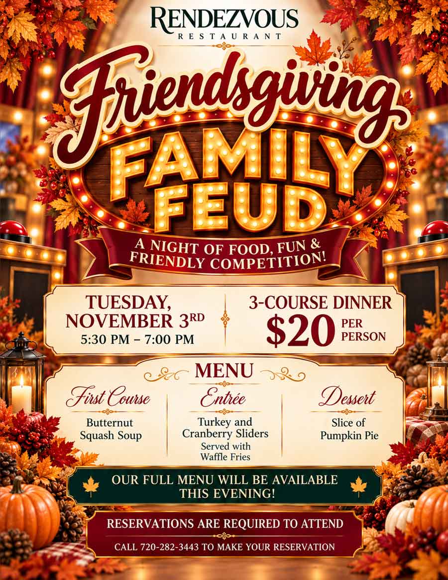 Friendsgiving Family Feud event flyer on November 3rd, including menu and reservation details.