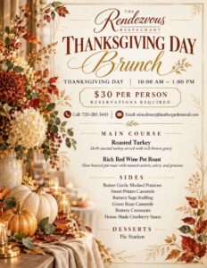 Thanksgiving Day brunch menu at The Rendezvous Restaurant with pricing, contact info, and dishes.