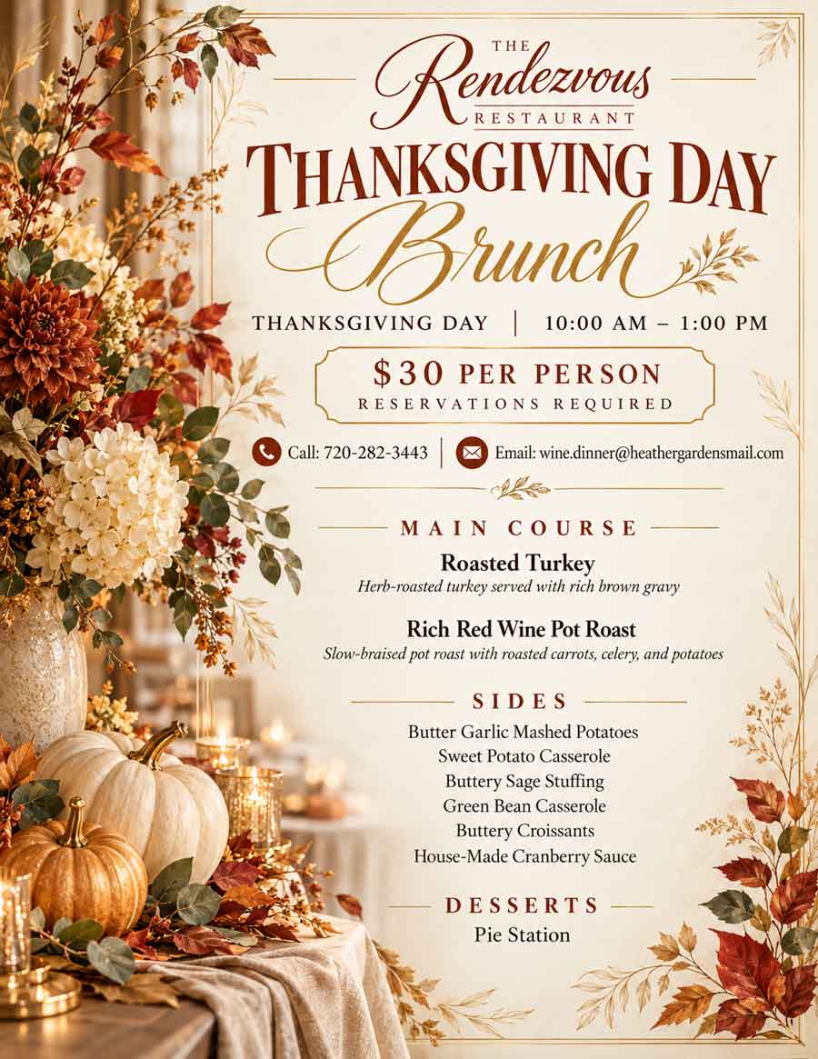Thanksgiving Day brunch menu at The Rendezvous Restaurant with pricing, contact info, and dishes.
